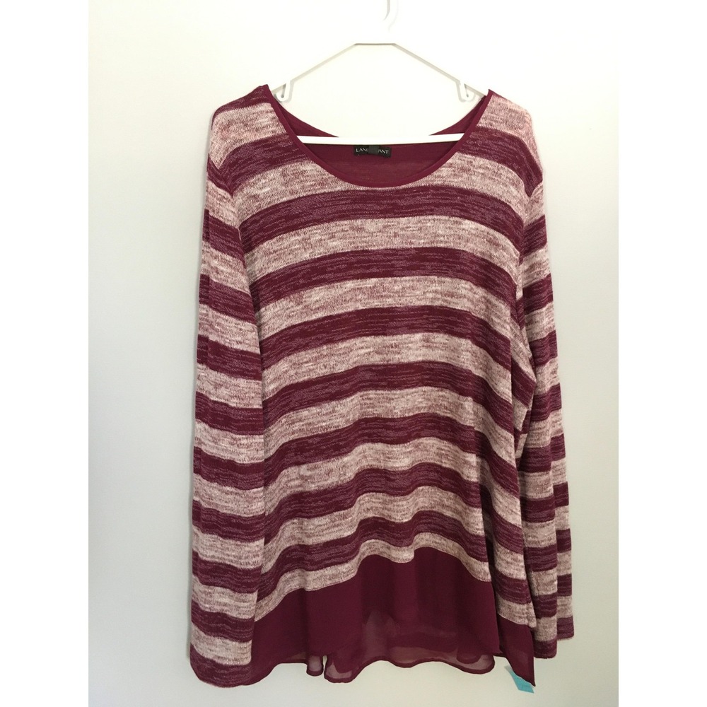 Lane Bryant Sweater Womens 22/24 Burgundy Gray Stripe Chiffon Hem Long Sleeve - Picture 2 of 16